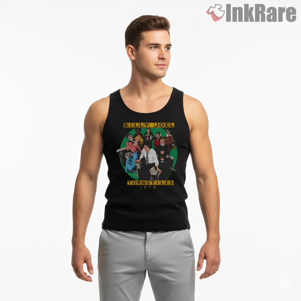 Billy Joel Turnstiles 1976 Vintage Concert Art Tank Top Black Billy Joel Turnstiles 1976 Vintage Concert Art Shirt on black tank top for men graphic tee