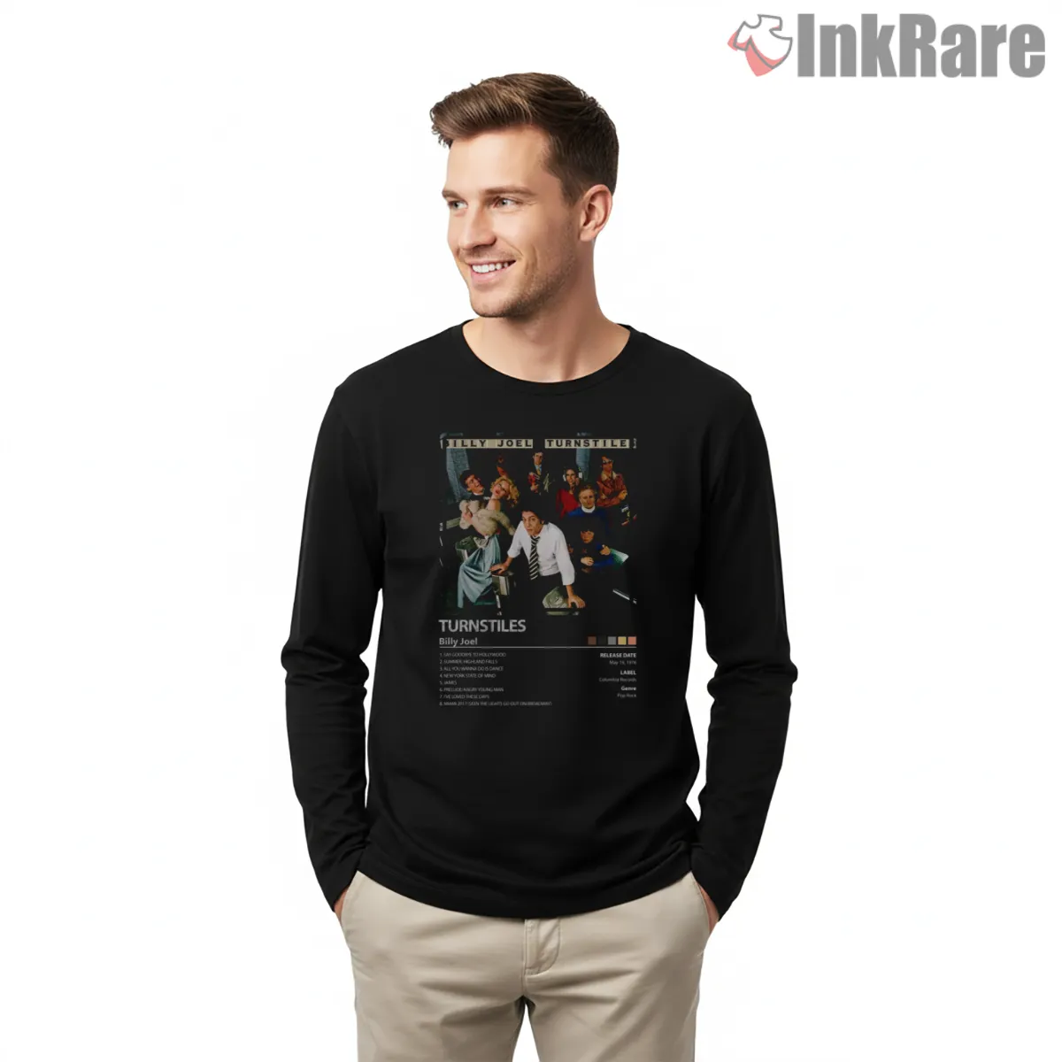 Billy Joel Turnstiles Classic Album Cover Long Sleeve Black Billy Joel Turnstiles Classic Album Cover Shirt on black long sleeve shirt for men graphic tee