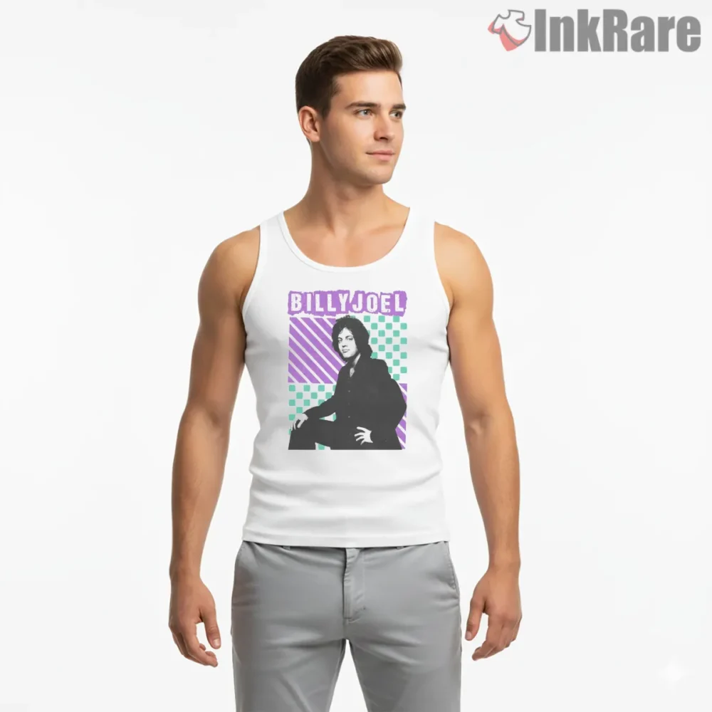 Billy Joel Vintage Aesthetic Portrait 80s Color Block Shirt on white tank top for men graphic tee