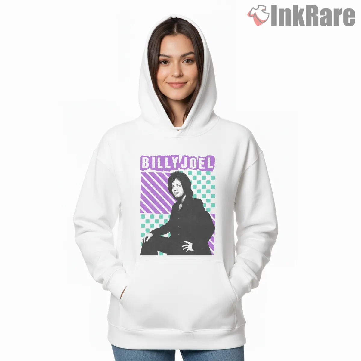Billy Joel Vintage Aesthetic Portrait 80s Color Block Shirt on white hoodie for women graphic tee
