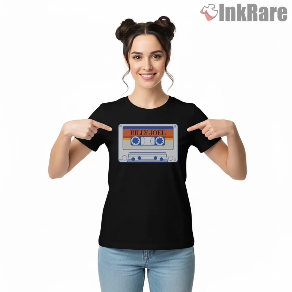 Billy Joel Vintage Cassette Tape Graphic Shirt on black short sleeve shirt for women graphic tee