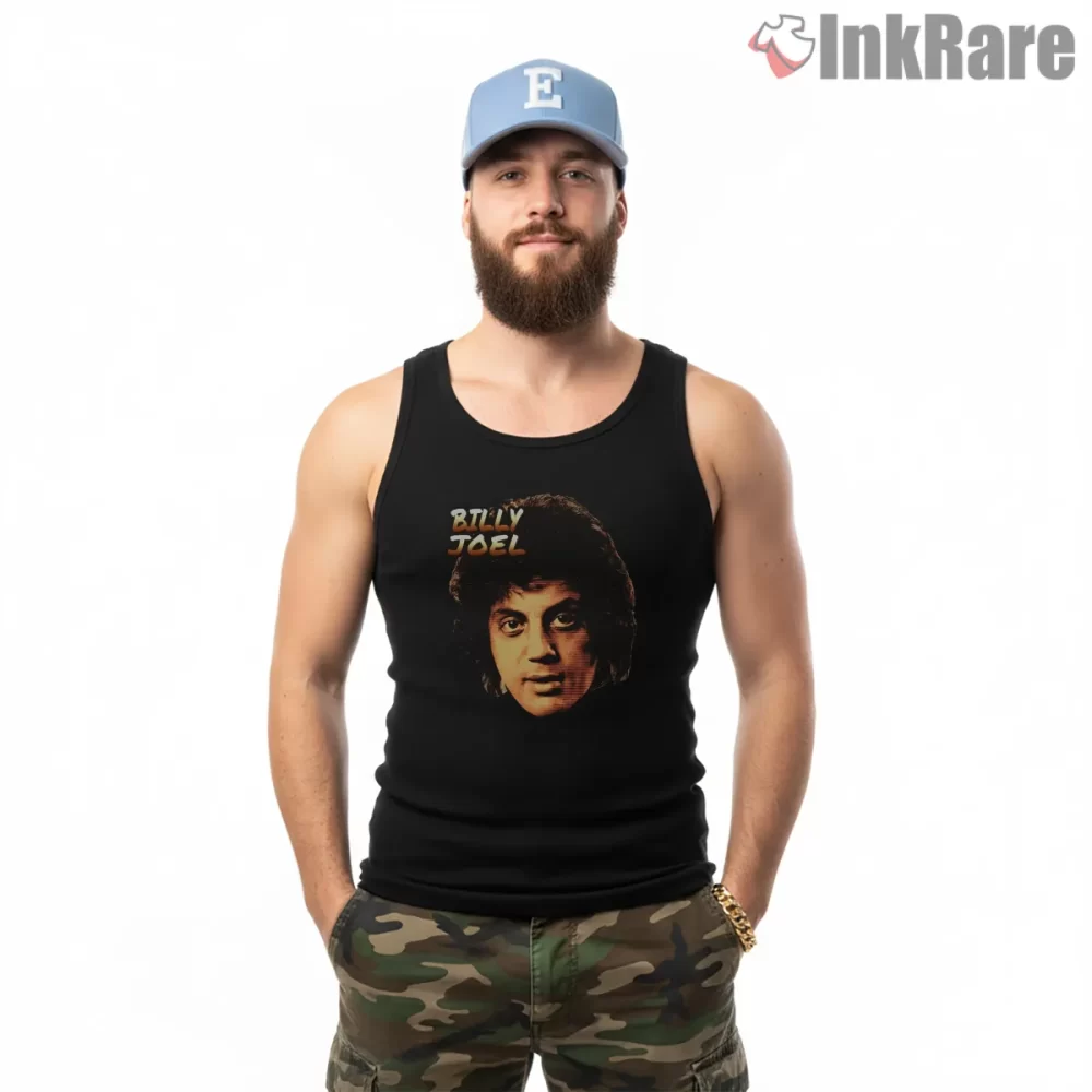Billy Joel Vintage Face Close Up Portrait Shirt on black tank top for men graphic tee