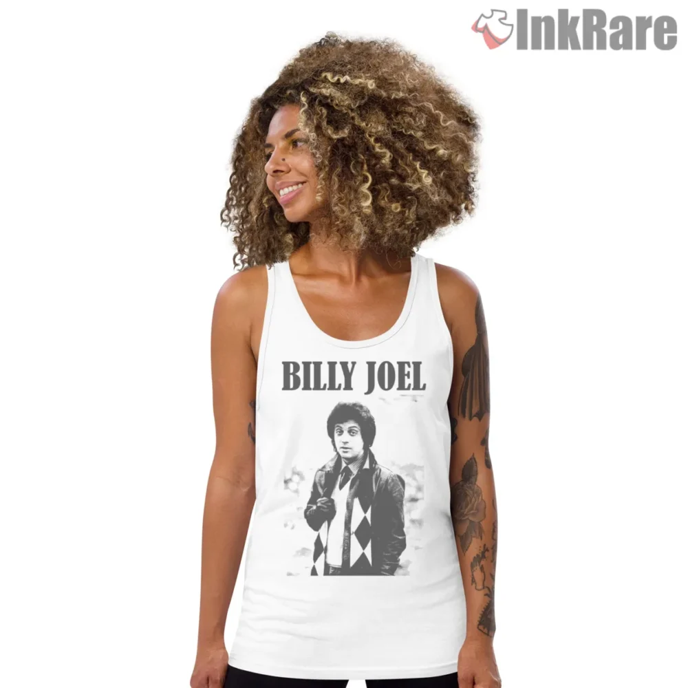 Billy Joel Vintage Halftone Portrait Fan Art Shirt on white tank top for women graphic tee