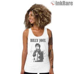 Billy Joel Vintage Halftone Portrait Fan Art Shirt on white tank top for women graphic tee