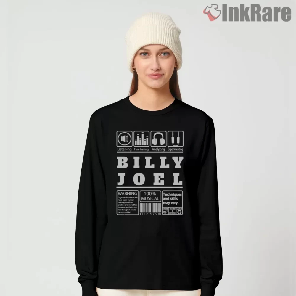 Billy Joel Warning Label Music Nerd Shirt on black long sleeve shirt for women graphic tee