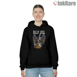 Billy Joel Winged Guitar Rock Emblem Shirt on black hoodie for women graphic tee