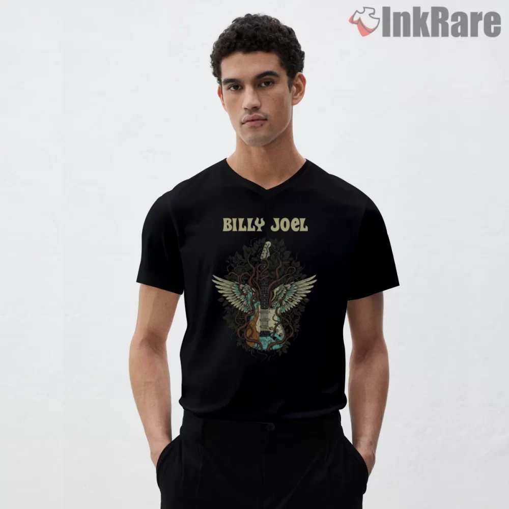 Billy Joel Winged Guitar Tree Of Sound Shirt on black v-neck shirt for men graphic tee