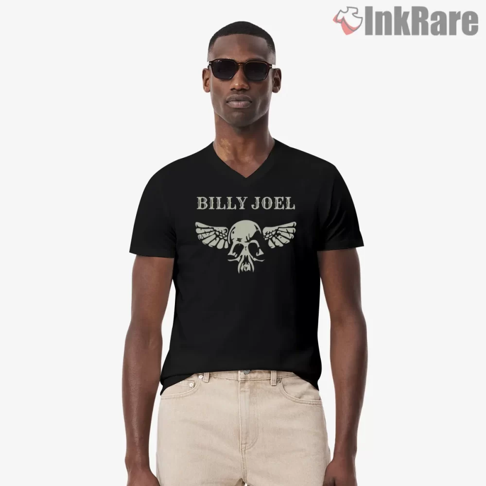 Billy Joel Winged Skull Rock Emblem Shirt on black v-neck shirt for men graphic tee