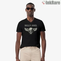 Billy Joel Winged Skull Rock Emblem Shirt on black v-neck shirt for men graphic tee