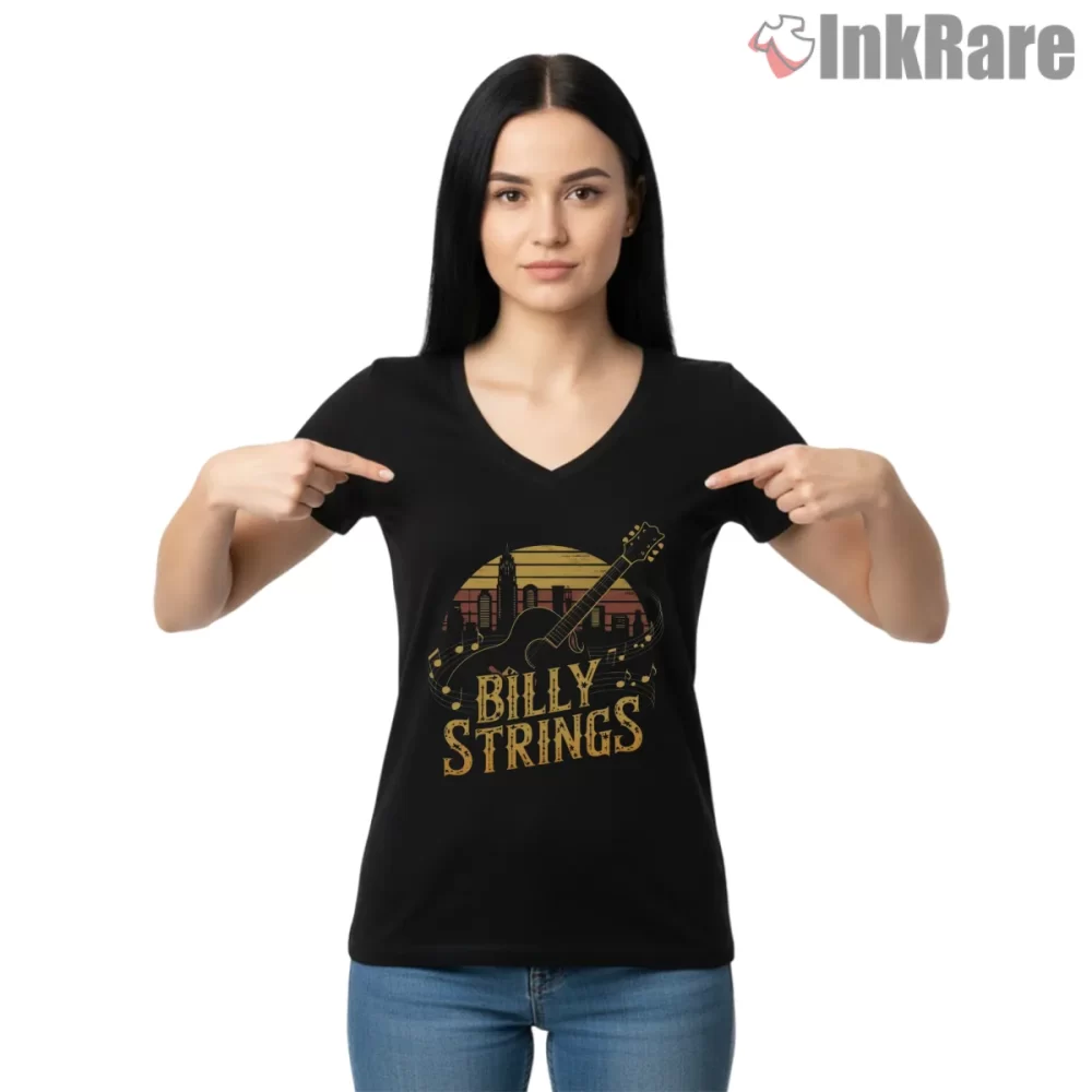 Billy Strings 90s Skyline Sunset Guitar Shirt on black v-neck shirt for women graphic tee
