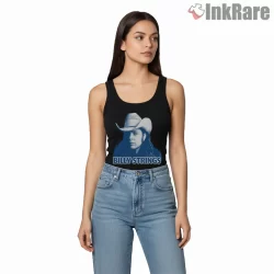 Billy Strings Blue Cowboy Hat Portrait Shirt on black tank top for women graphic tee