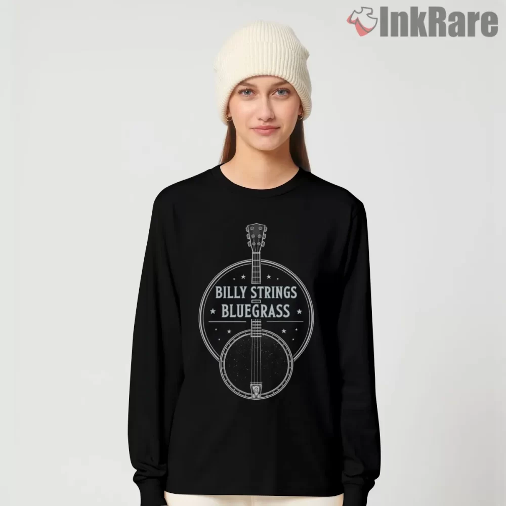 Billy Strings Bluegrass Banjo Crest Shirt on black long sleeve shirt for women graphic tee