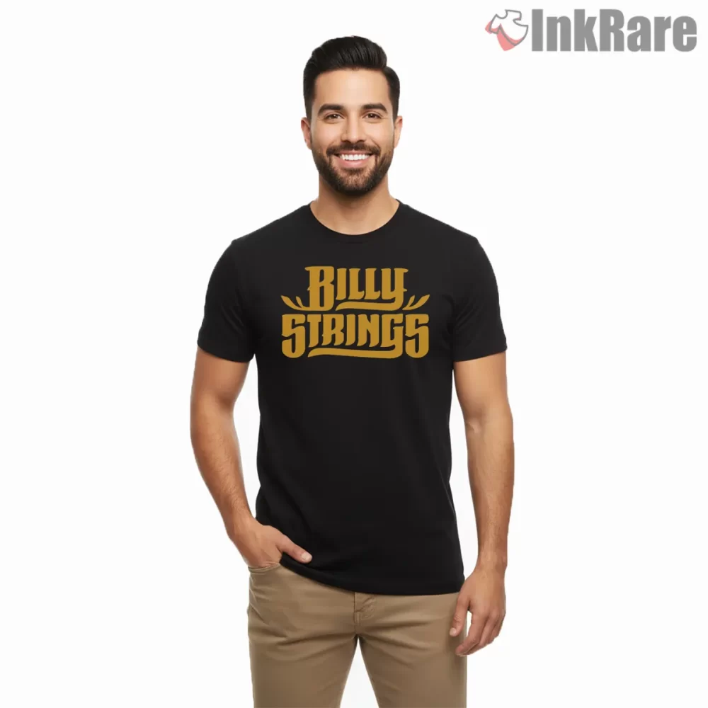 Billy Strings Bold Gold Wordmark Shirt on black short sleeve shirt for men graphic tee