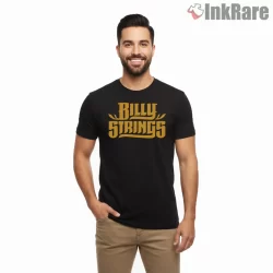Billy Strings Bold Gold Wordmark Shirt on black short sleeve shirt for men graphic tee