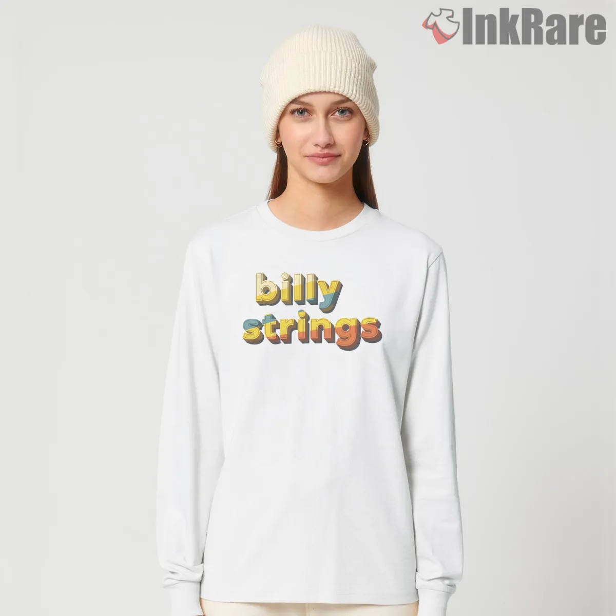 Billy Strings Bold Retro Logo Shirt on white long sleeve shirt for women graphic tee