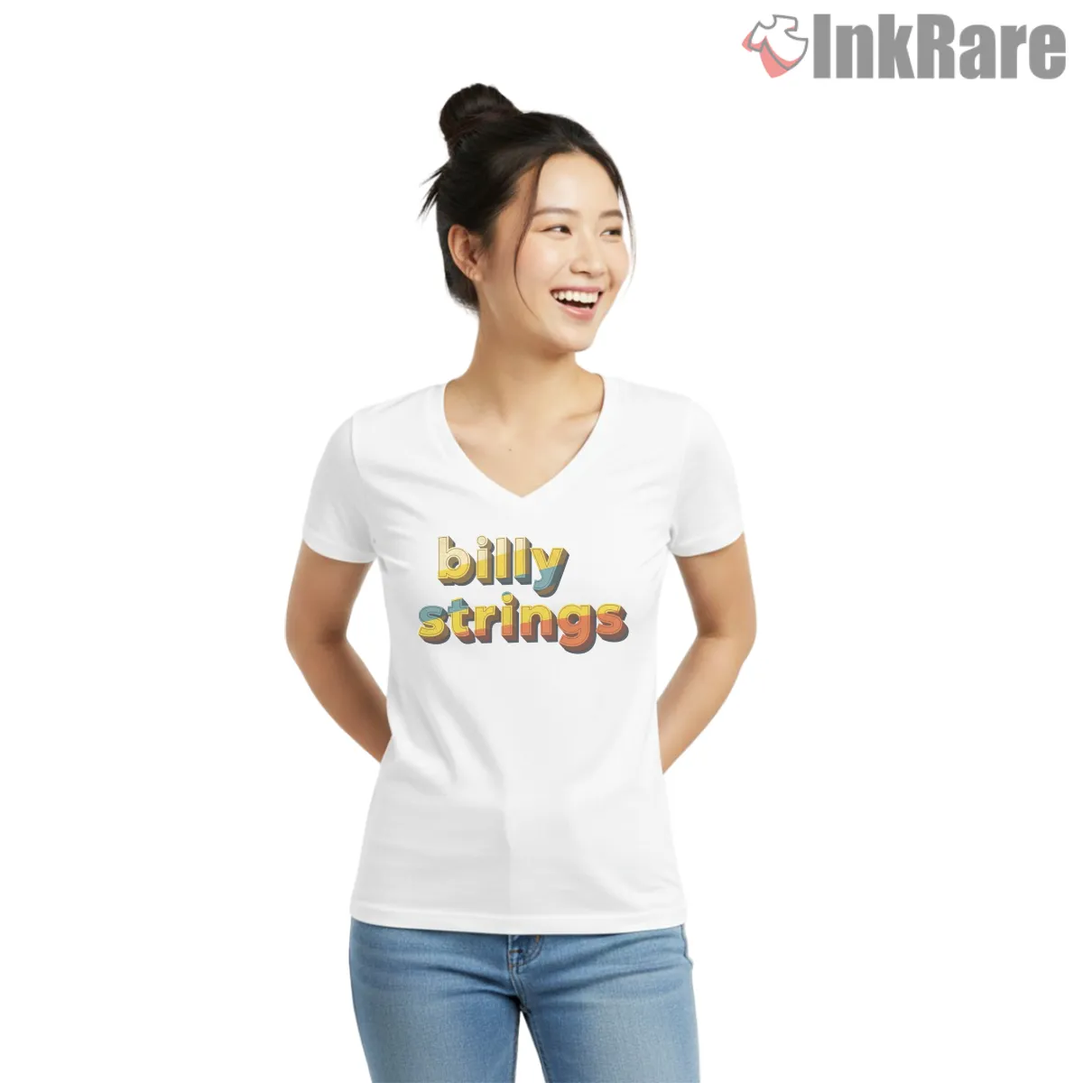 Billy Strings Bold Retro Logo V Neck White Billy Strings Bold Retro Logo Shirt on white v-neck shirt for women graphic tee