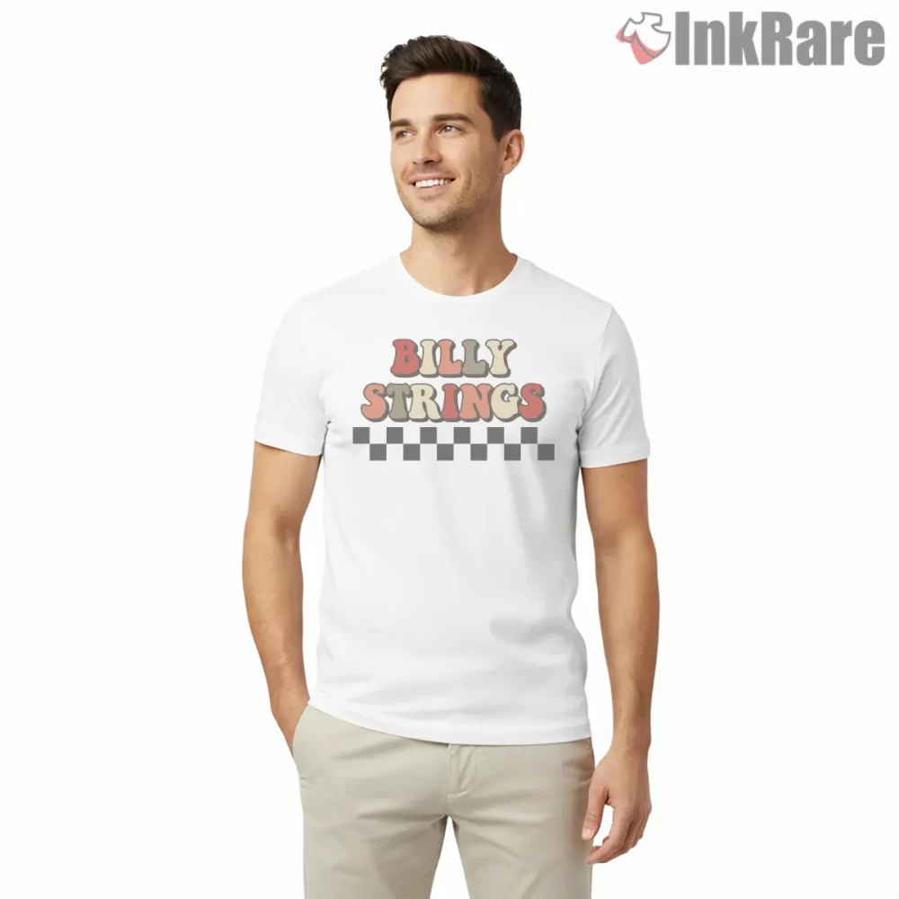 Billy Strings Checkered Groovy Lettering Shirt on white short sleeve shirt for men graphic tee
