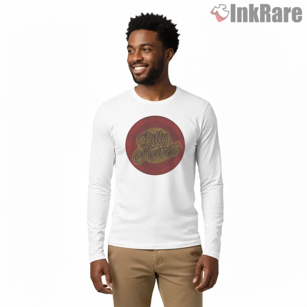 Billy Strings Circle Badge Retro Script Shirt on white long sleeve shirt for men graphic tee