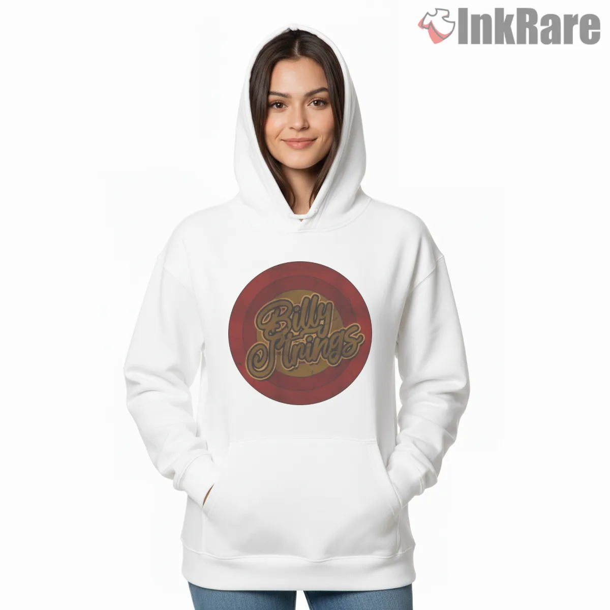 Billy Strings Circle Badge Retro Script Shirt on white hoodie for women graphic tee