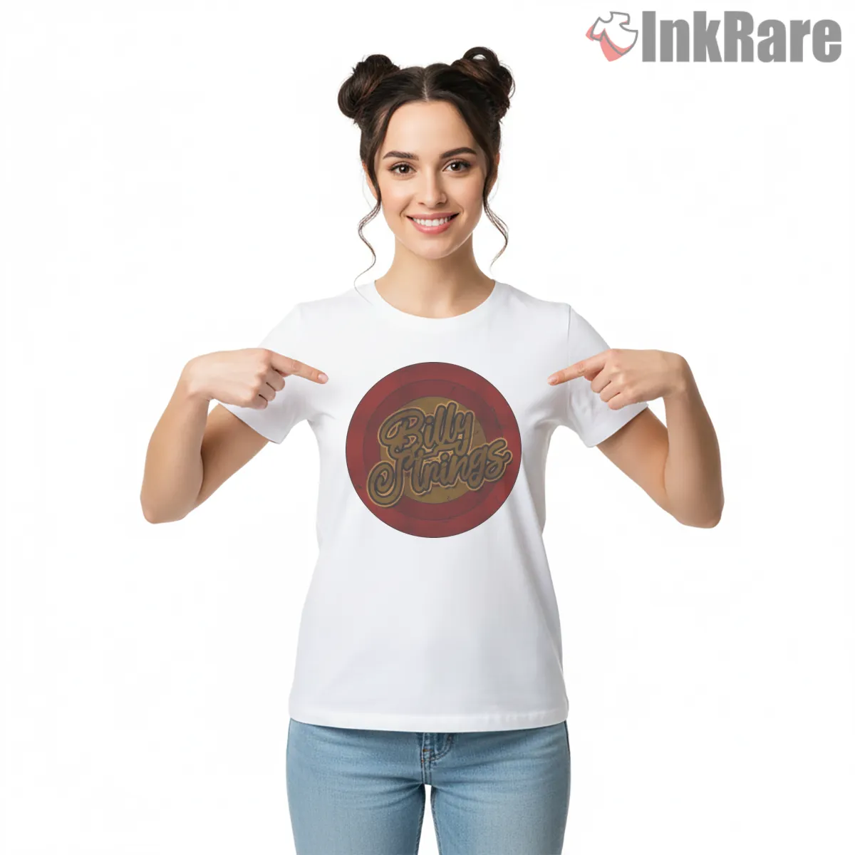 Billy Strings Circle Badge Retro Script Short Sleeve White Billy Strings Circle Badge Retro Script Shirt on white short sleeve shirt for women graphic tee