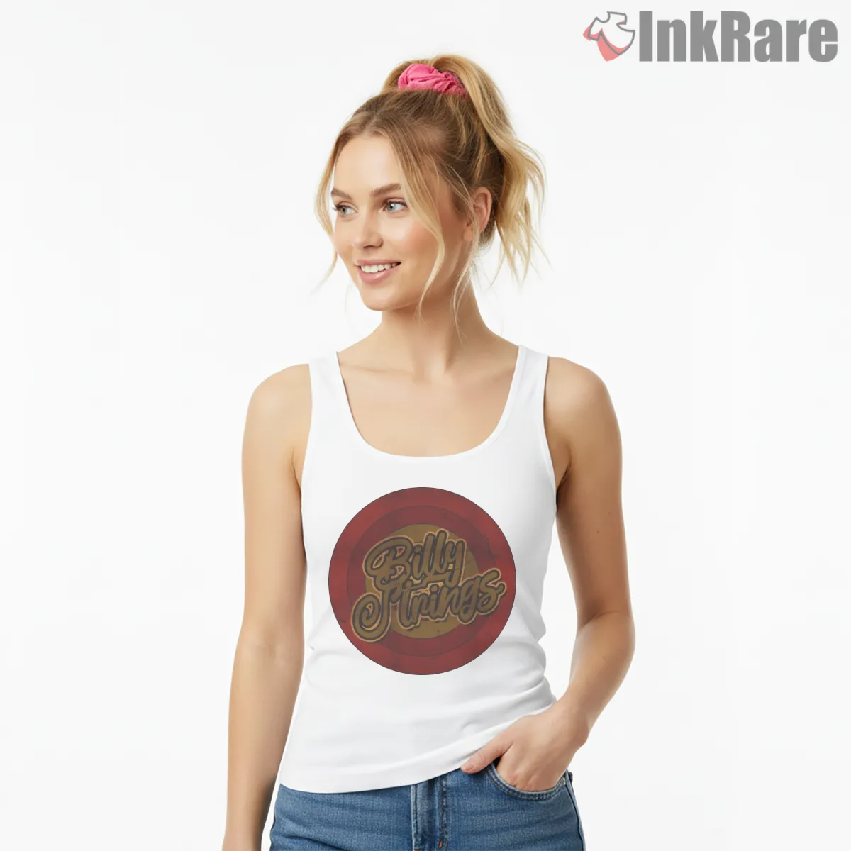 Billy Strings Circle Badge Retro Script Tank Top White Billy Strings Circle Badge Retro Script Shirt on white tank top for women graphic tee
