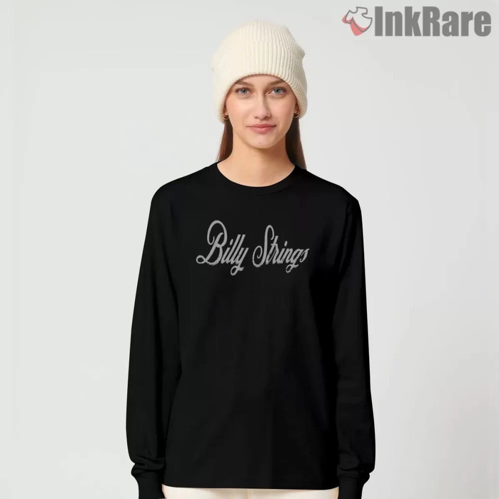 Billy Strings Classic Script Logo Shirt on black long sleeve shirt for women graphic tee