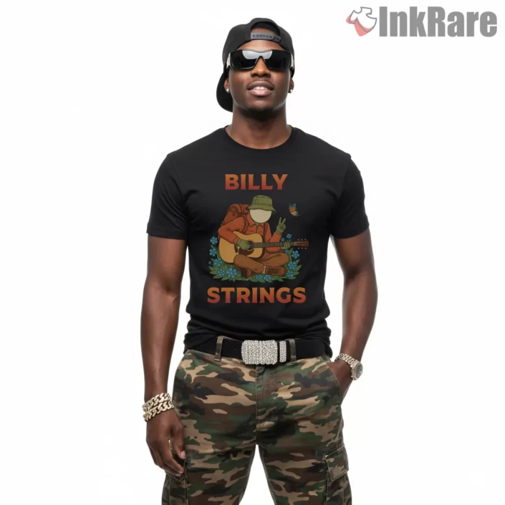 Billy Strings Cozy Campfire Picker Cartoon Shirt on black short sleeve shirt for men graphic tee