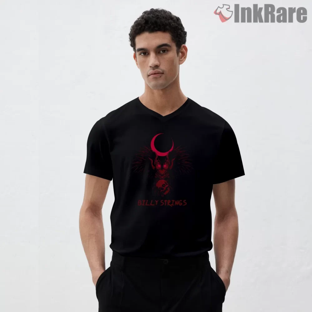 Billy Strings Crimson Night Owl Moon Shirt on black v-neck shirt for men graphic tee