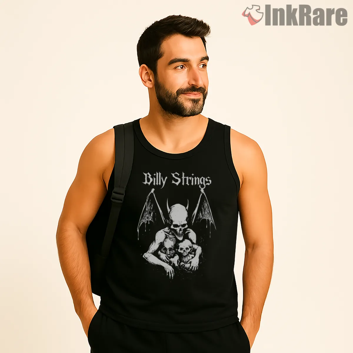 Billy Strings Dark Winged Skull Tank Top Black Billy Strings Dark Winged Skull Shirt on black tank top for men graphic tee
