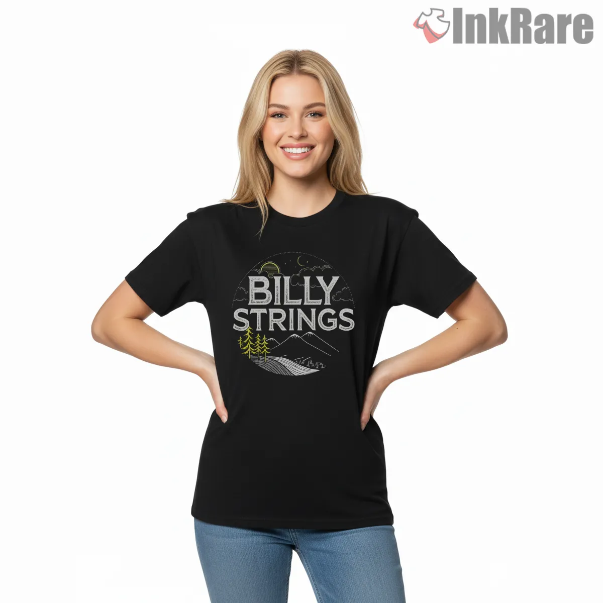 Billy Strings Deadhead Mountain Night Short Sleeve Black Billy Strings Deadhead Mountain Night Shirt on black short sleeve shirt for women graphic tee