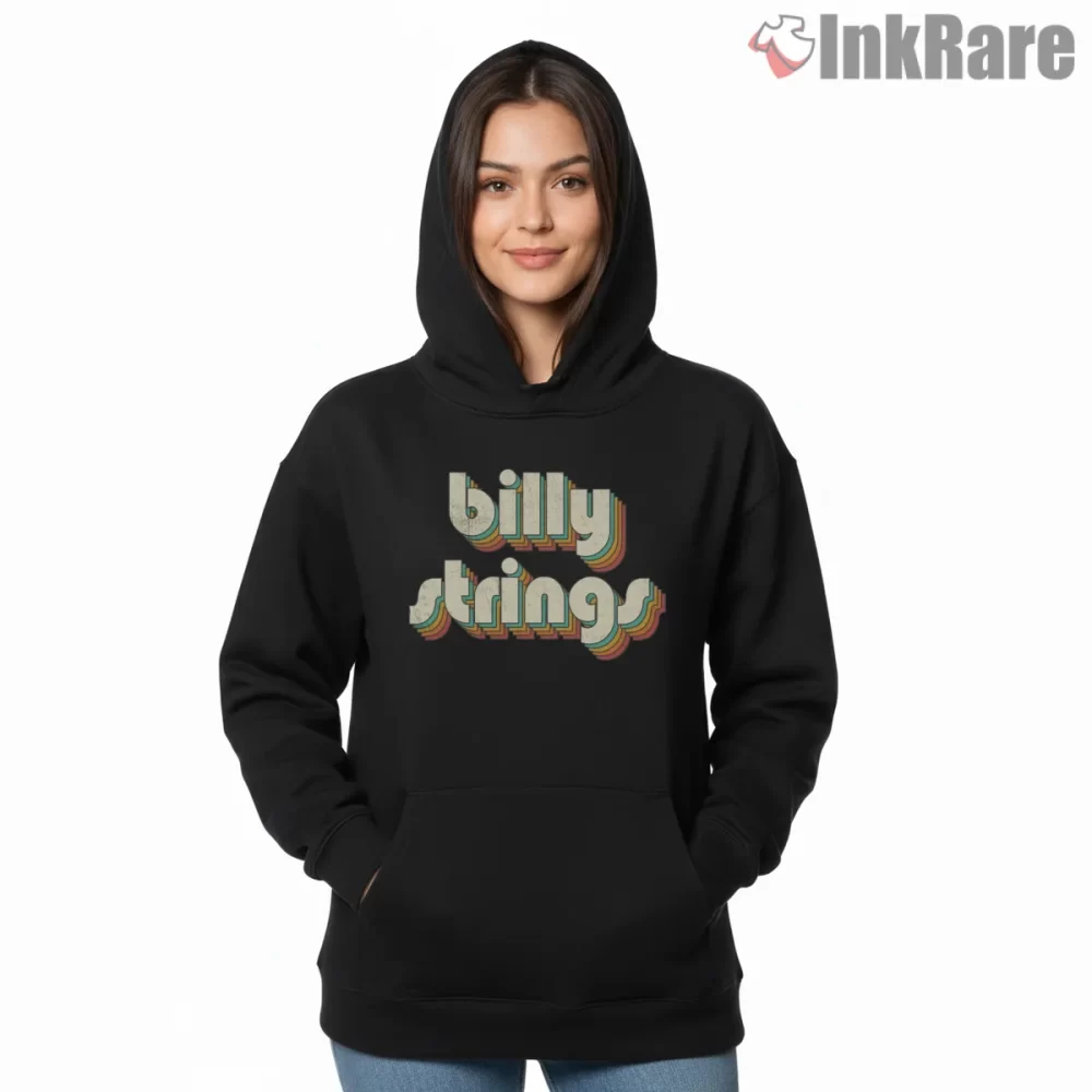 Billy Strings Distressed Rainbow Lettering Shirt on black hoodie for women graphic tee