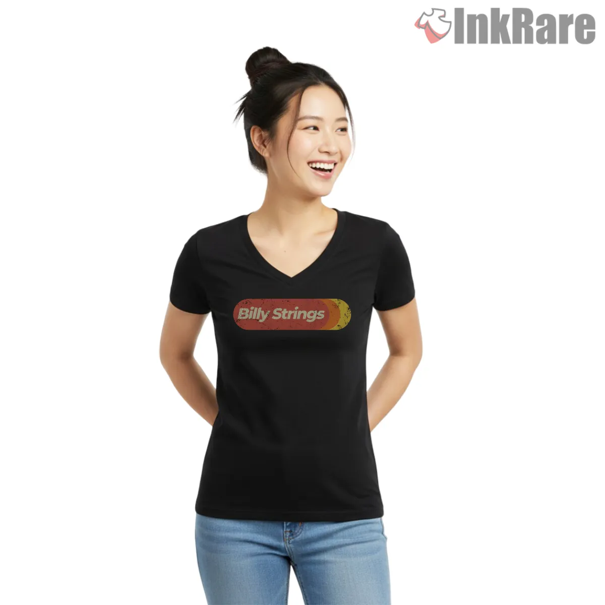 Billy Strings Distressed Rounded Logo V Neck Black Billy Strings Distressed Rounded Logo Shirt on black v-neck shirt for women graphic tee