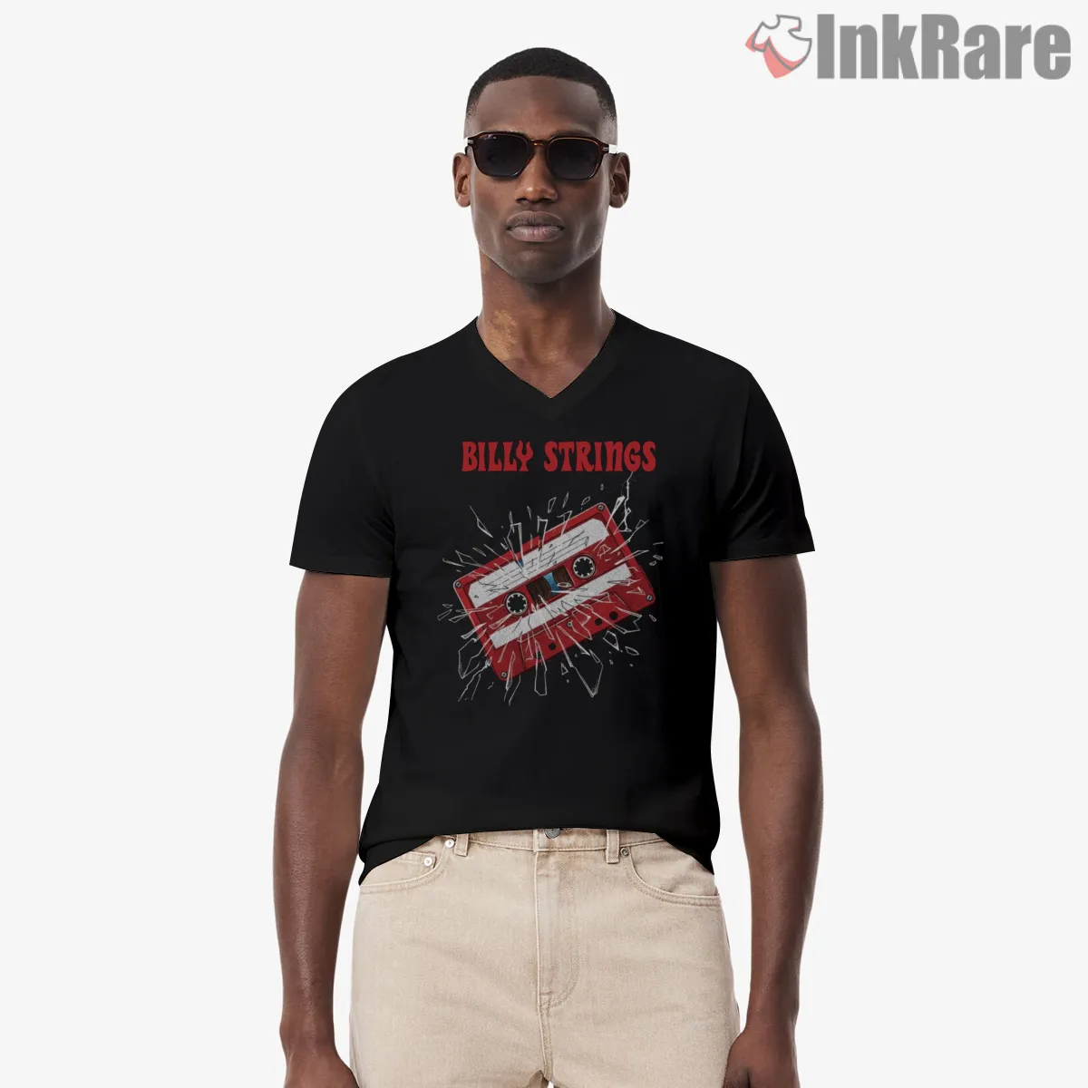 Billy Strings Exploding Cassette Tape Music V Neck Black Billy Strings Exploding Cassette Tape Music Shirt on black v-neck shirt for men graphic tee