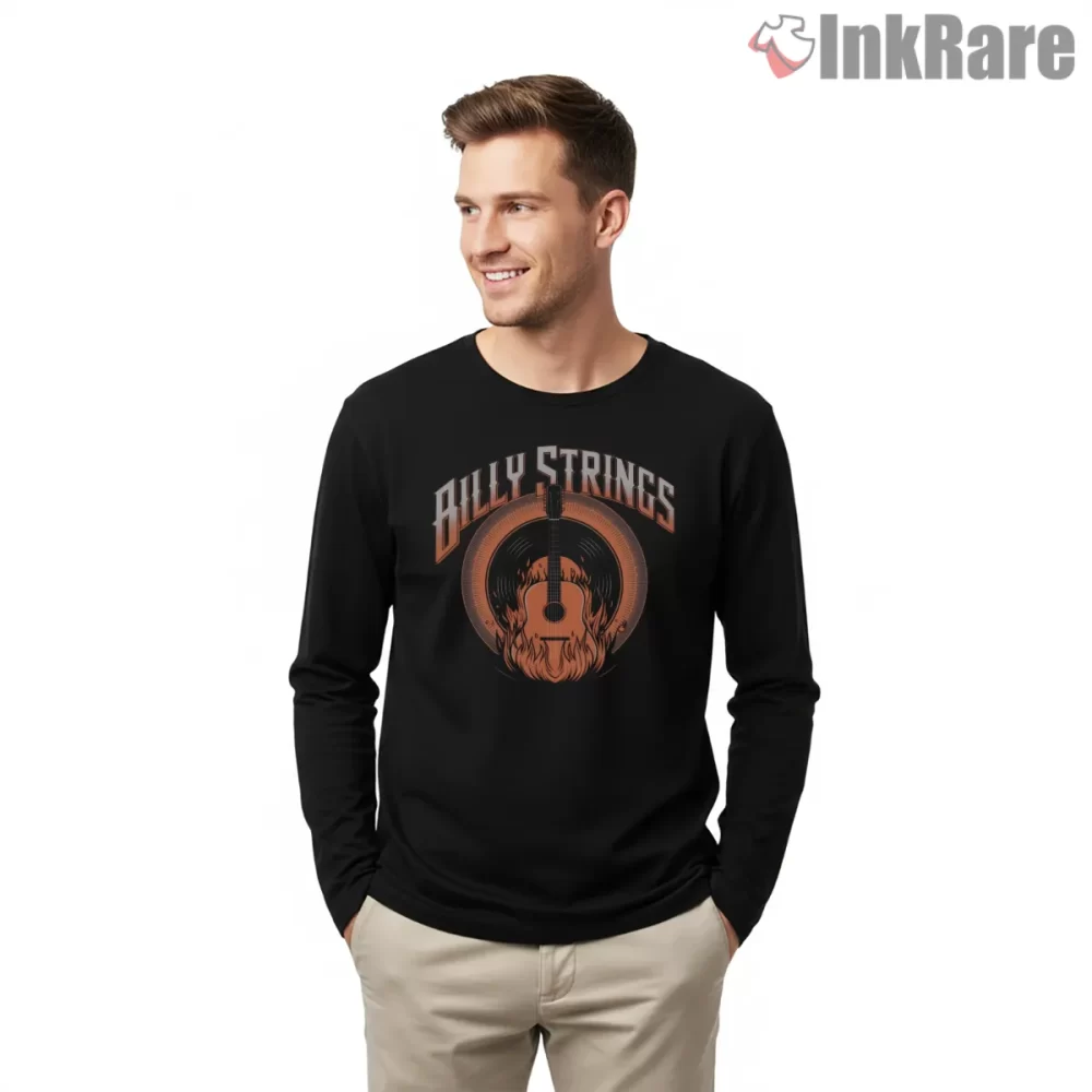 Billy Strings Flaming Guitar Vinyl Halo Shirt on black long sleeve shirt for men graphic tee