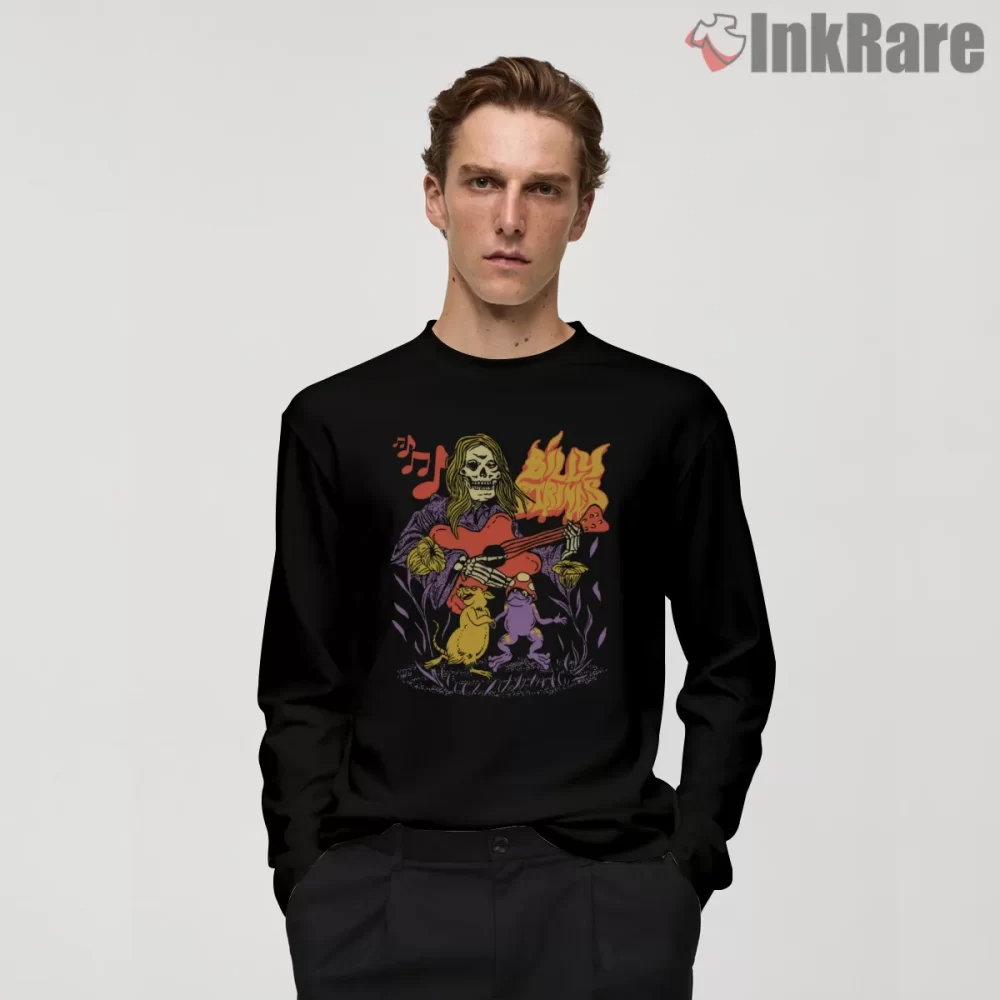 Billy Strings Flaming Skeleton Guitar Shirt on black long sleeve shirt for men graphic tee