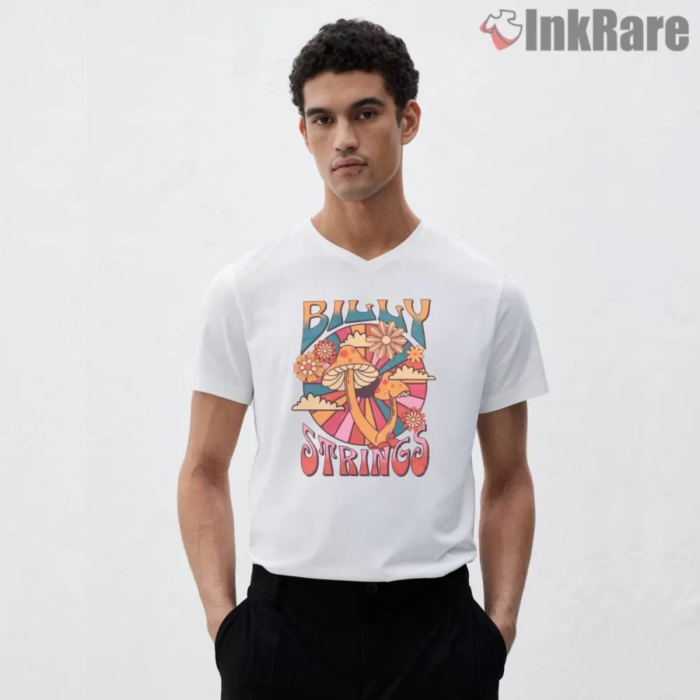 Billy Strings Floral Mushroom Sunrise Shirt on white v-neck shirt for men graphic tee