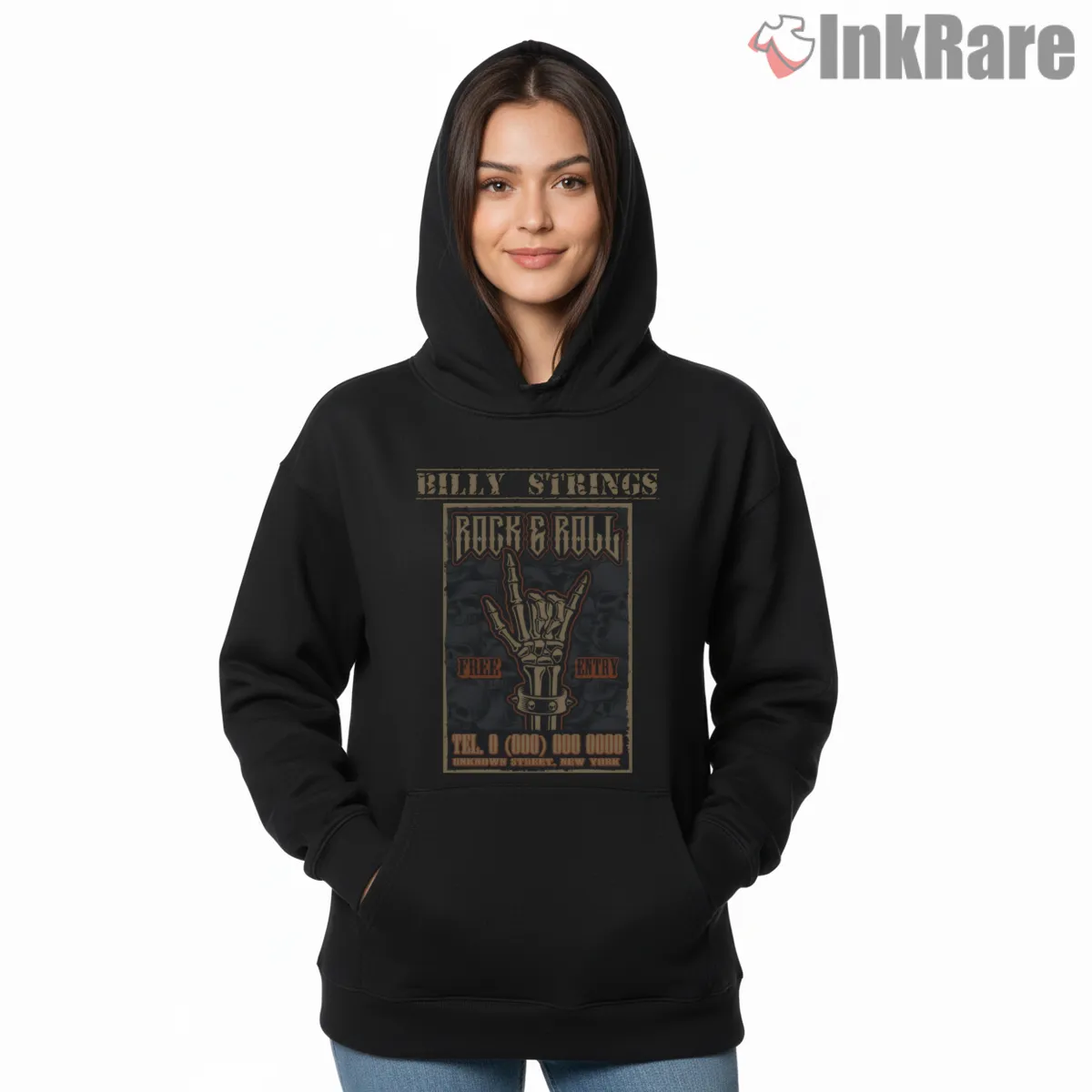 Billy Strings Free Entry Rock Poster Shirt on black hoodie for women graphic tee