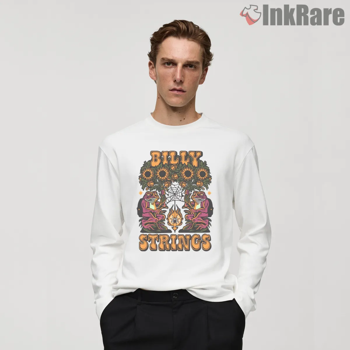 Billy Strings Frog And Spider Campfire Magic Shirt on white long sleeve shirt for men graphic tee