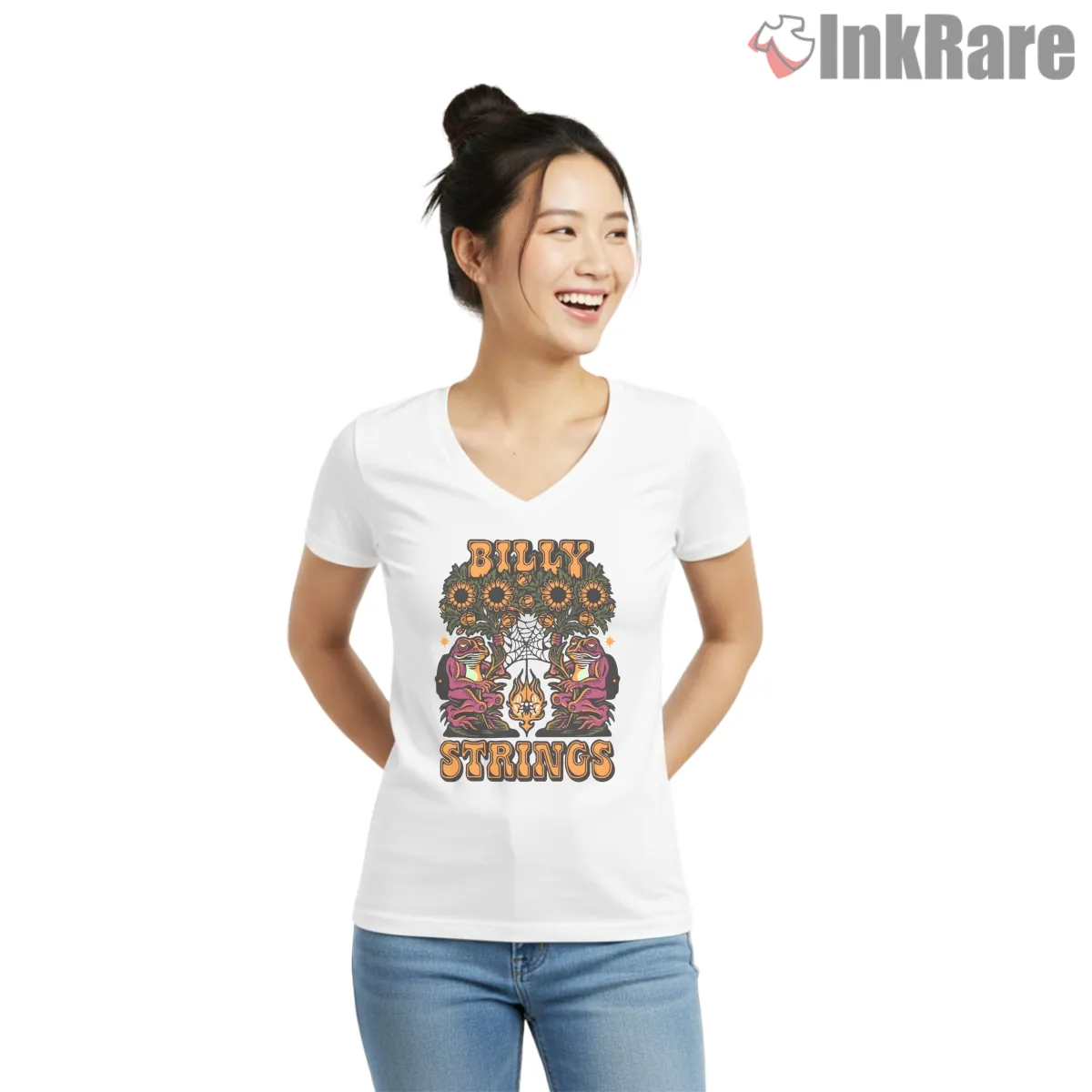 Billy Strings Frog And Spider Campfire Magic V Neck White Billy Strings Frog And Spider Campfire Magic Shirt on white v-neck shirt for women graphic tee