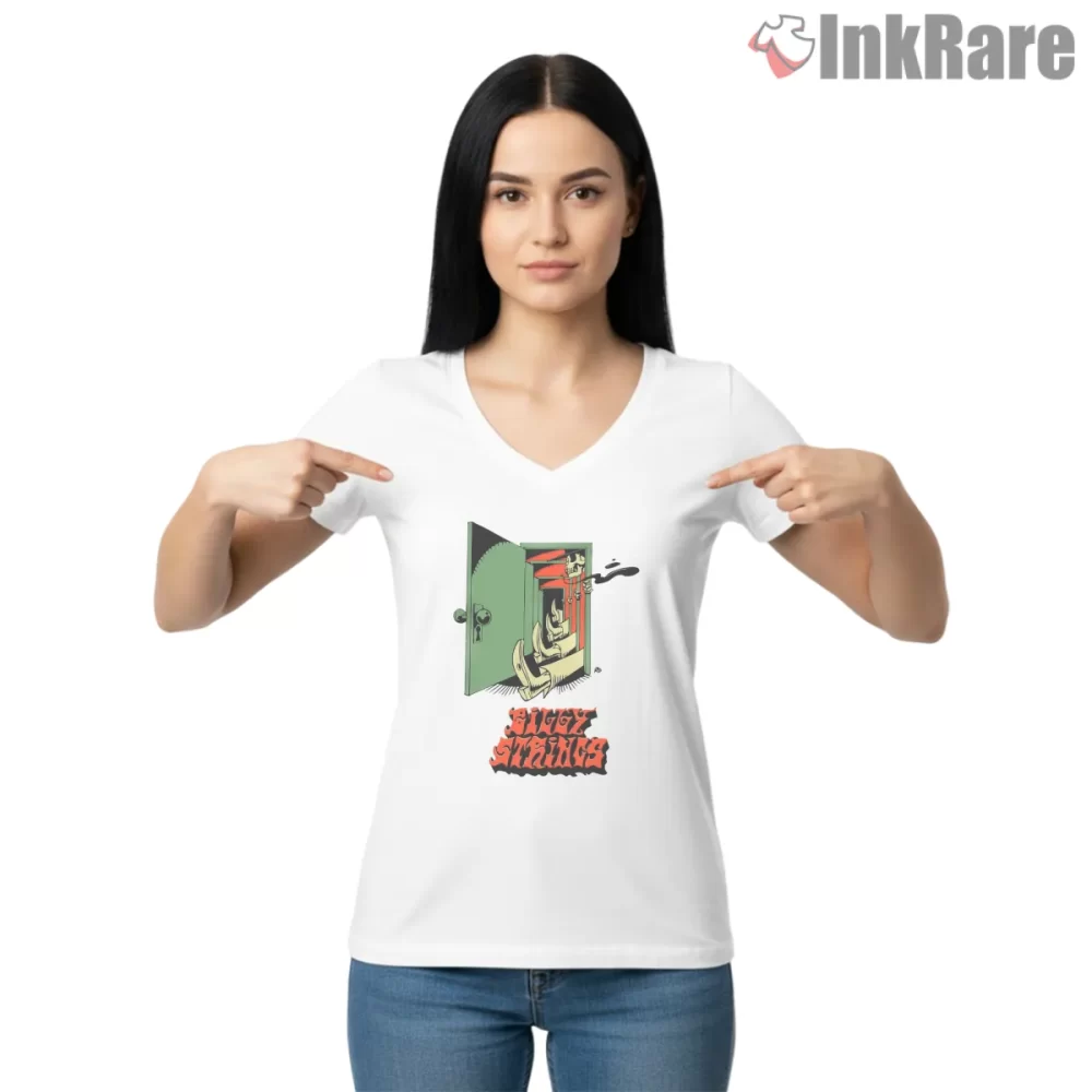 Billy Strings Funny Door Slam Cartoon Shirt on white v-neck shirt for women graphic tee