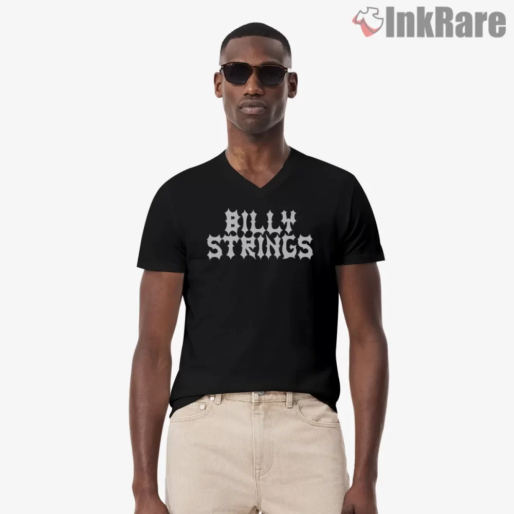 Billy Strings Gothic Logo Merch Shirt on black v-neck shirt for men graphic tee