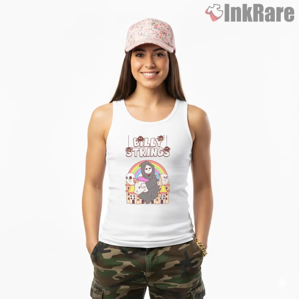 Billy Strings Grim Reaper Rainbow Cartoon Shirt on white tank top for women graphic tee