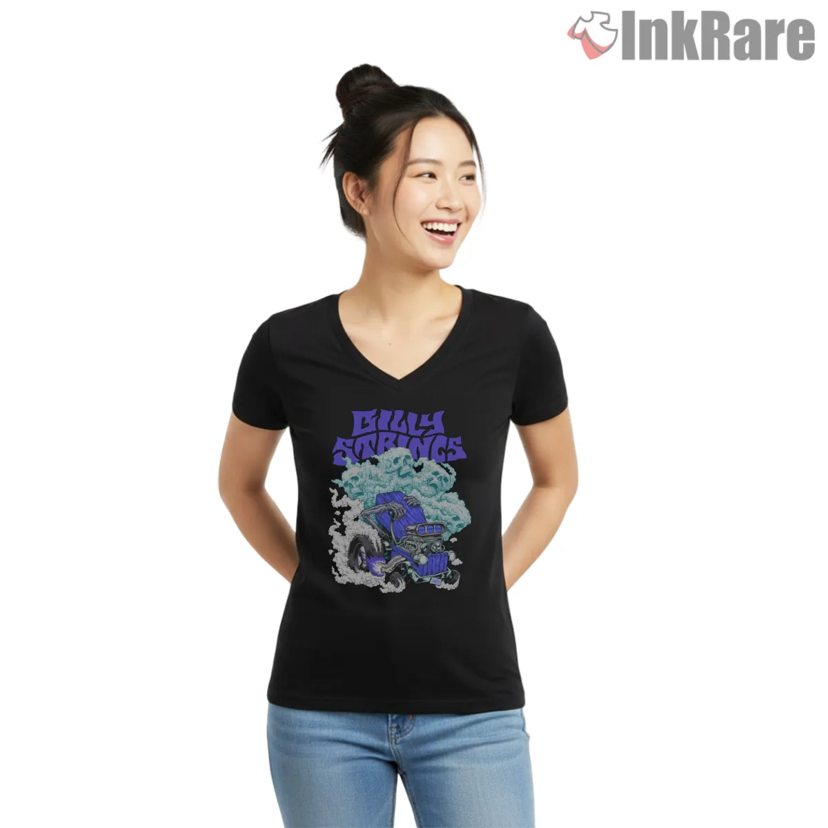 Billy Strings Hot Rod Smoke Cloud V Neck Black Billy Strings Hot Rod Smoke Cloud Shirt on black v-neck shirt for women graphic tee