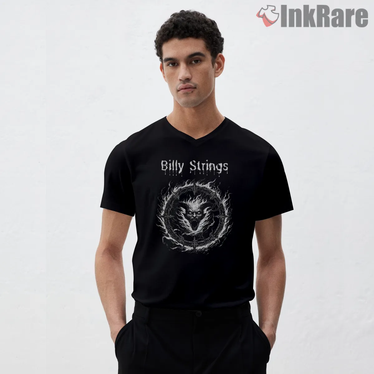 Billy Strings Infernal Maelstrom Demon Face V Neck Black Billy Strings Infernal Maelstrom Demon Face Shirt on black v-neck shirt for men graphic tee