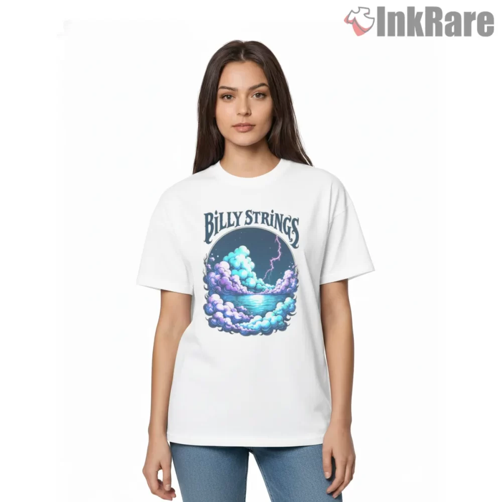 Billy Strings Lightning Over Lake Nightscape Shirt on white short sleeve shirt for women graphic tee