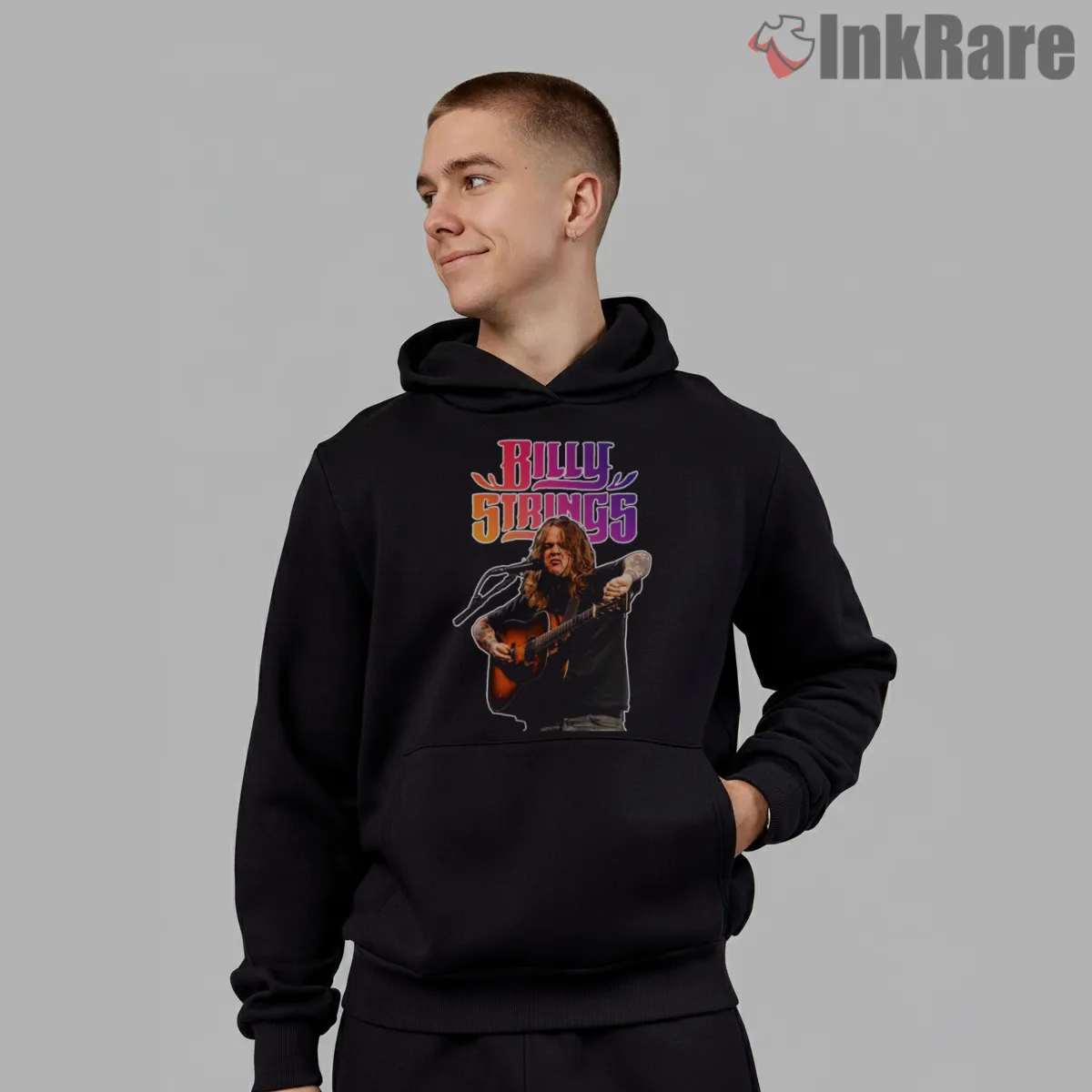 Billy Strings Live Guitar Portrait Shirt on black hoodie for men graphic tee