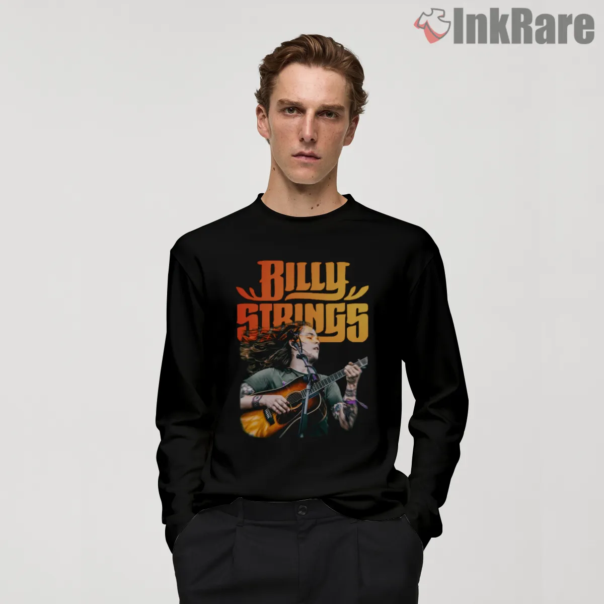 Billy Strings Live Performance Photo Merch Shirt on black long sleeve shirt for men graphic tee