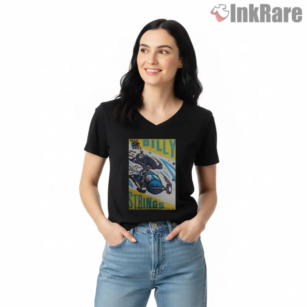 Billy Strings March 2025 Racing Poster Shirt on black v-neck shirt for women graphic tee