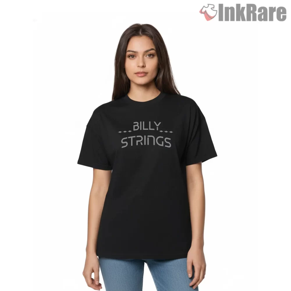 Billy Strings Minimal Gray Wordmark Shirt on black short sleeve shirt for women graphic tee