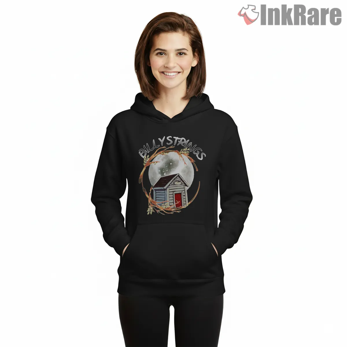 Billy Strings Moonlit Cabin Circle Hoodie Black Billy Strings Moonlit Cabin Circle Shirt on black hoodie for women graphic tee